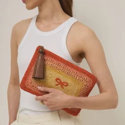 AH Tassel Bow Clutch in Orange Multi Raffia