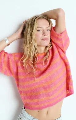 AV Nenbay SS Stripe Knit in Orange, Hibiscus