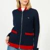 BF College Zip Up Bomber Jacket in Navy, Red