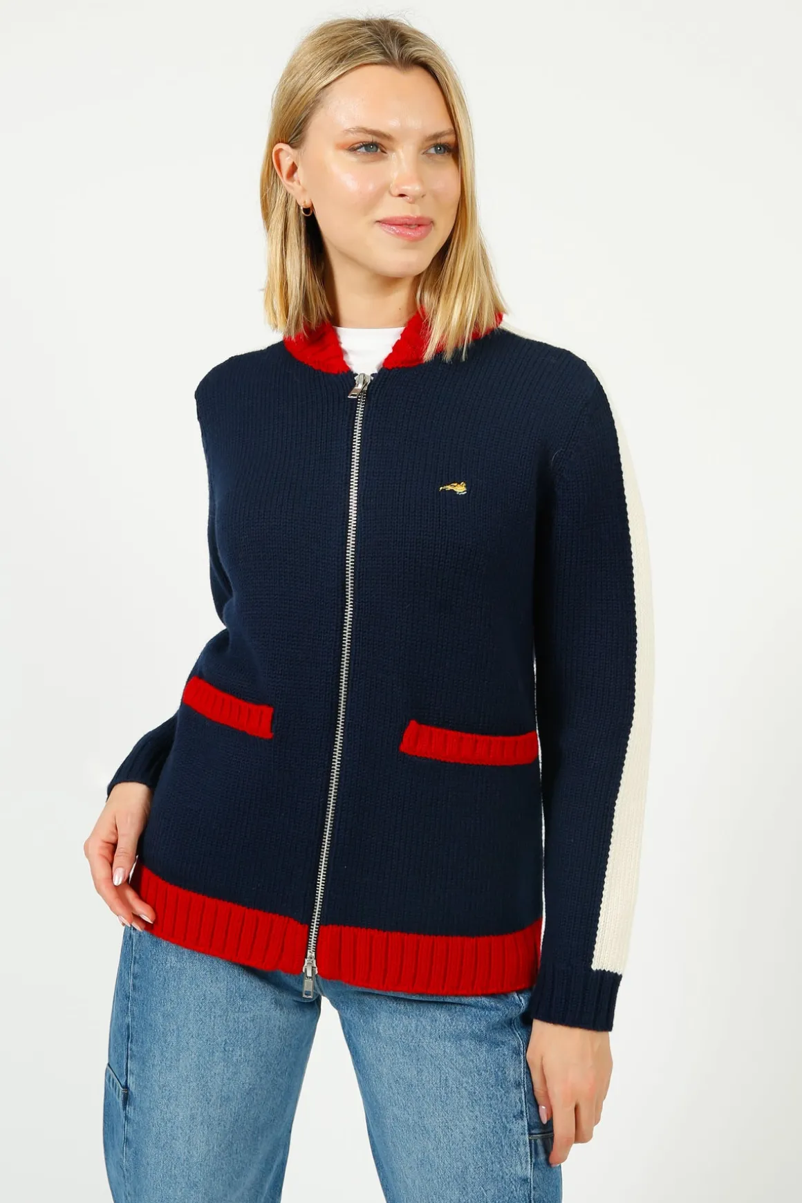 BF College Zip Up Bomber Jacket in Navy, Red
