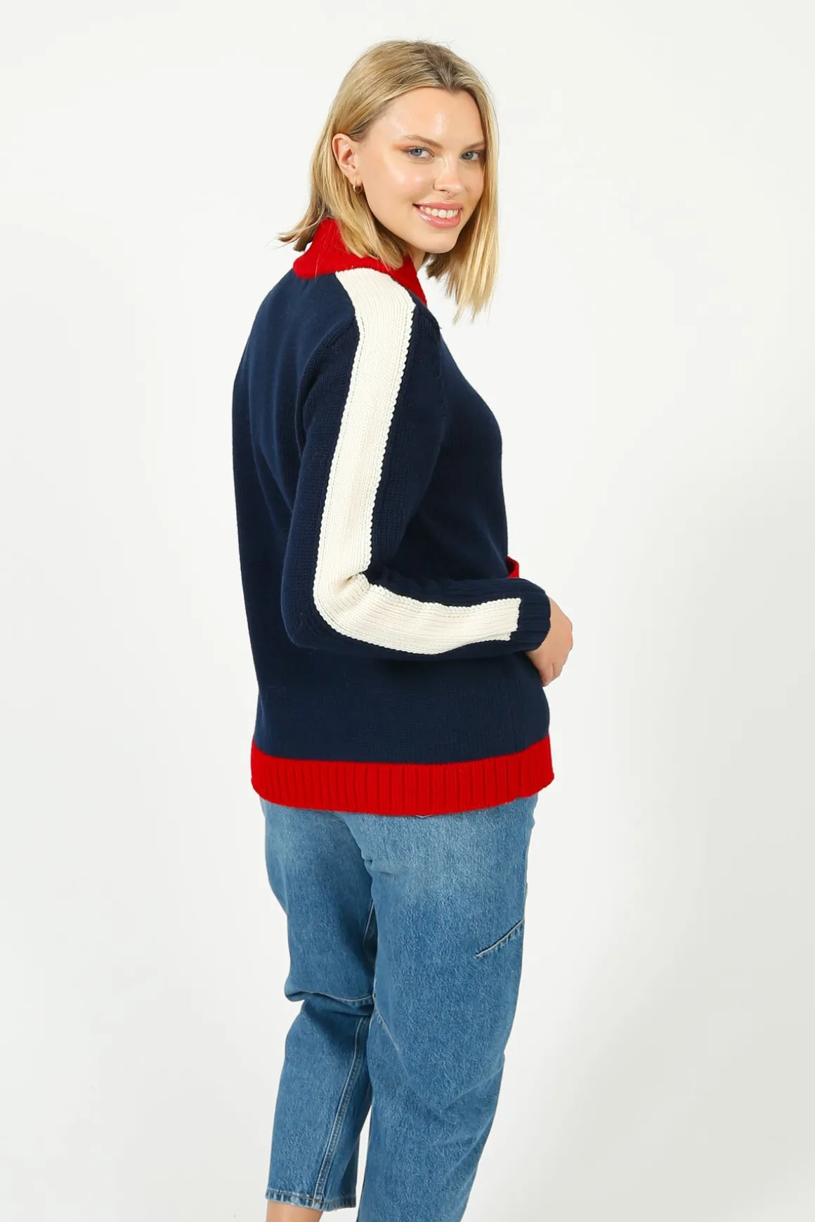 BF College Zip Up Bomber Jacket in Navy, Red