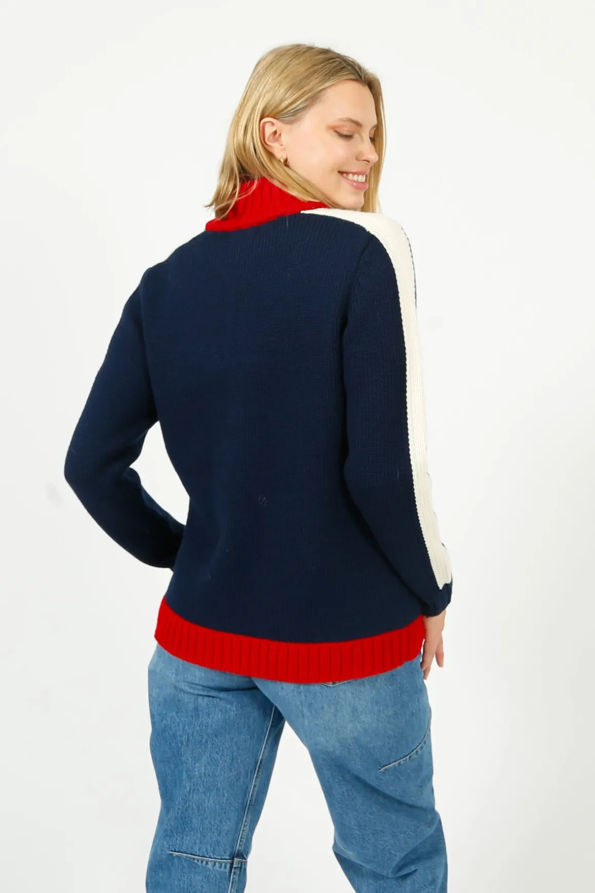 BF College Zip Up Bomber Jacket in Navy, Red