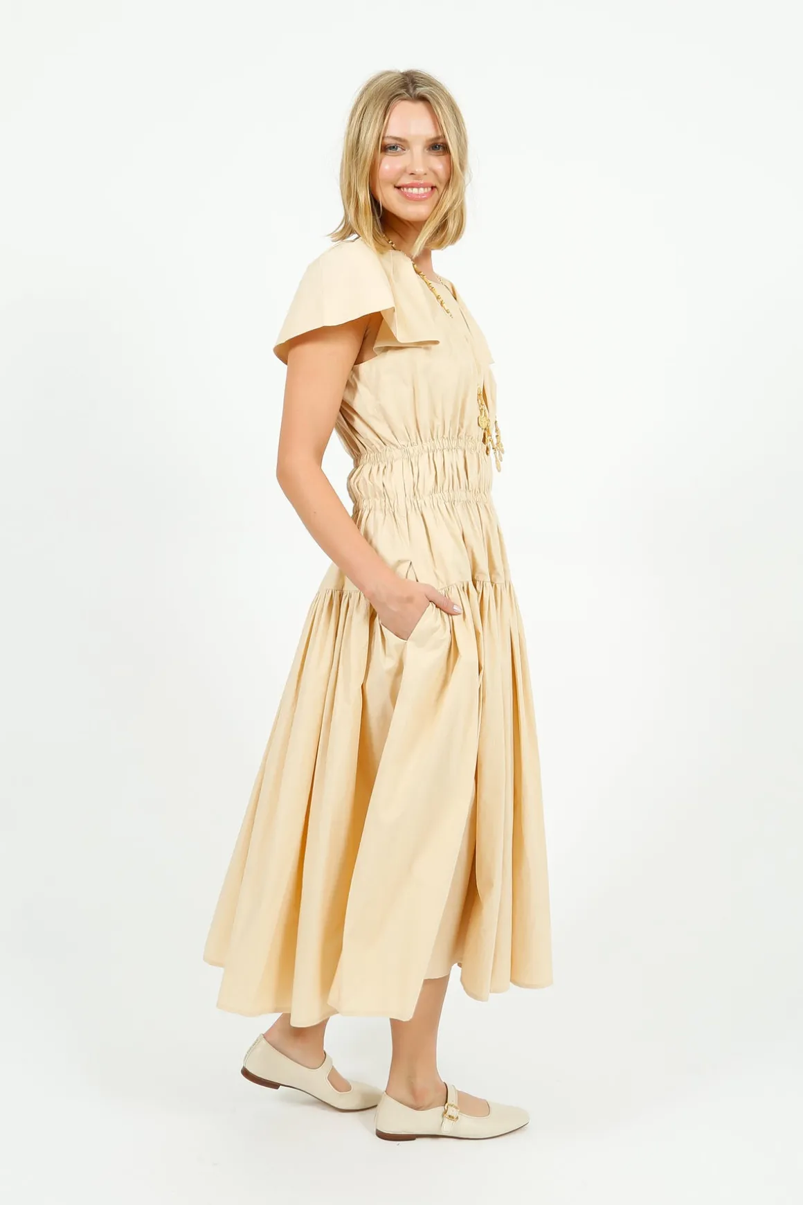 EP DR3405 Wide Shoulder Dress in Butter