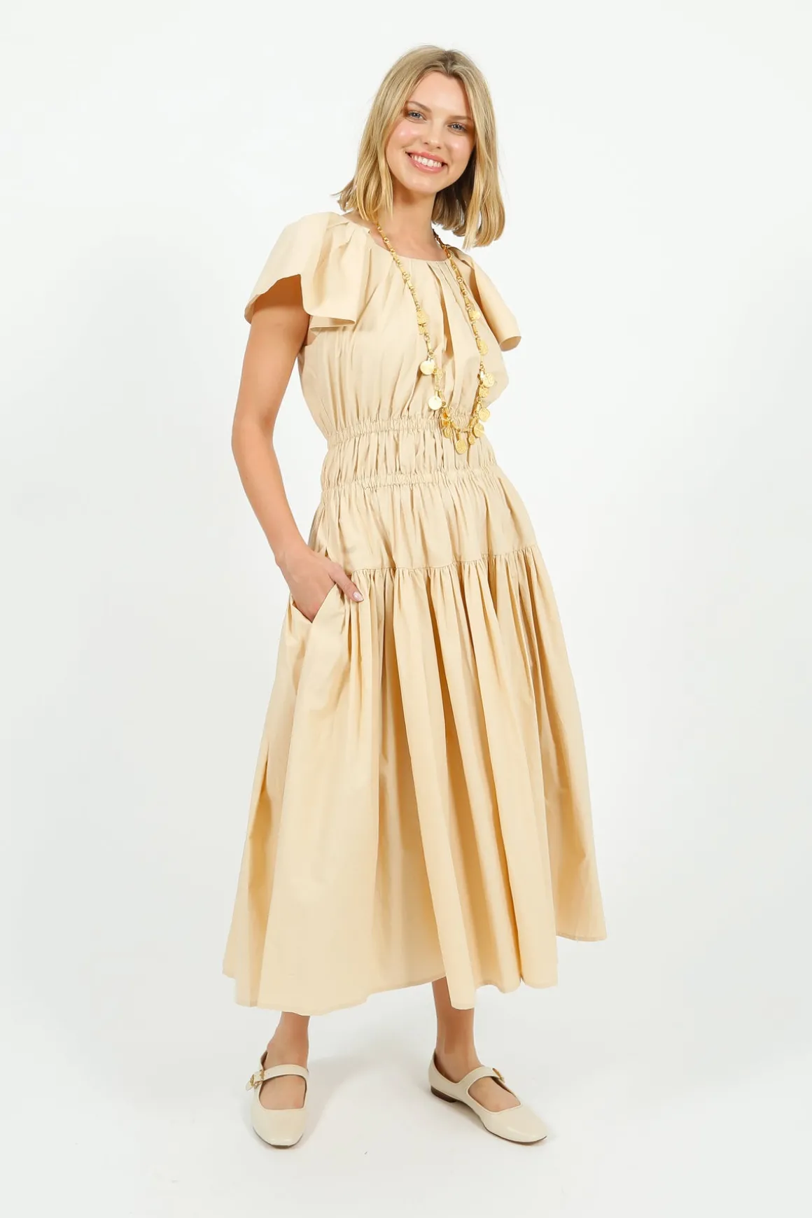 EP DR3405 Wide Shoulder Dress in Butter
