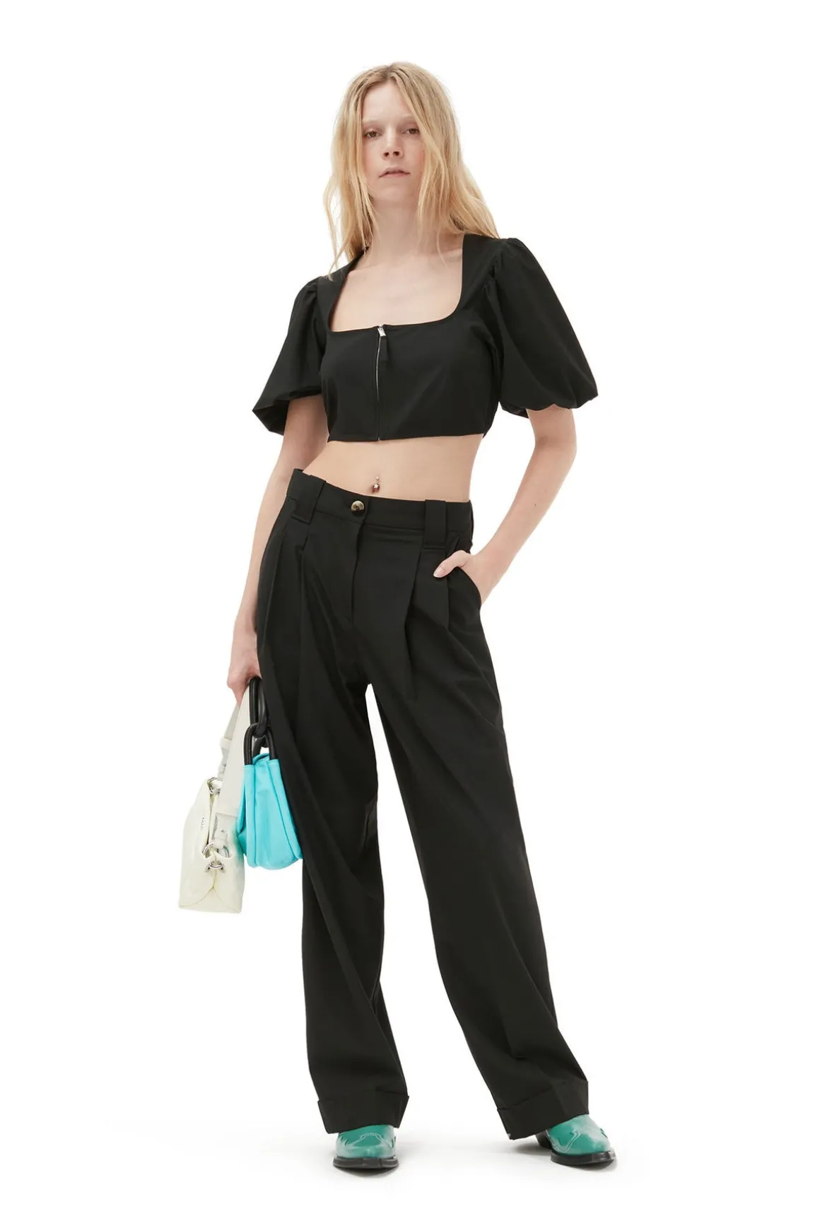 GANNI F8075 Drapey Melange Pleat Pants in Black