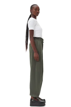 GANNI F9556 Washed Satin Elasticated Waist Pants in Climbing Ivy