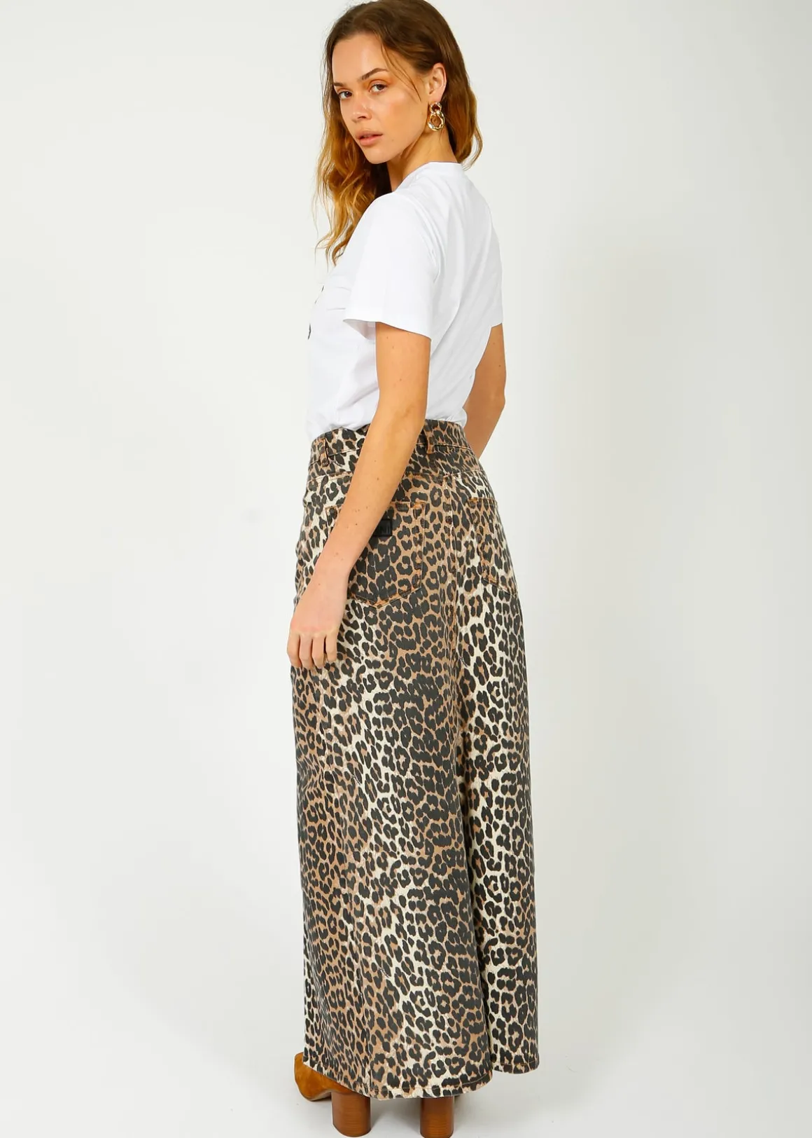 GANNI J1445 Printed Denim Maxi Skirt in Leo