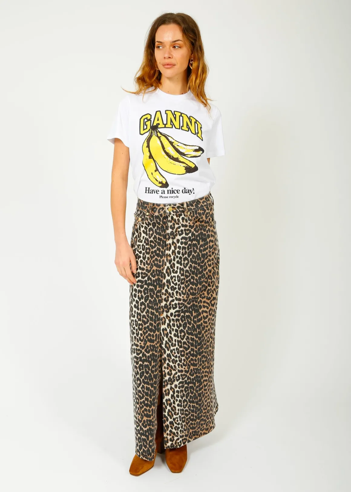 GANNI J1445 Printed Denim Maxi Skirt in Leo