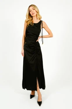 GANNI W0381 Solid Satin Gathered Long Dress in Black