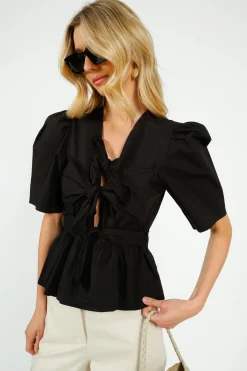 GANNI W0378 Washed Stretch Cotton Tie Strap Blouse in Black