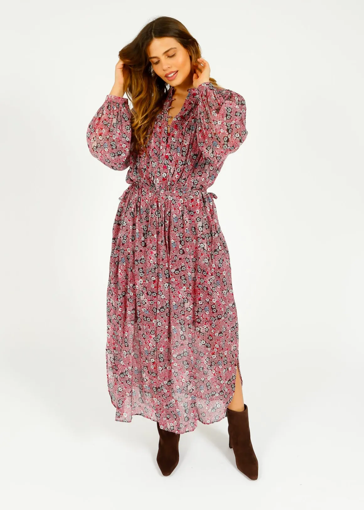 IM Dalida Printed Dress in Raspberry, Black