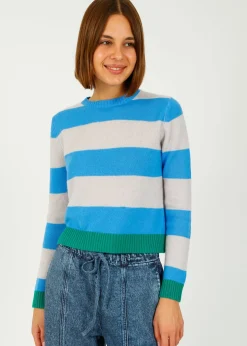JU Contrast Stripe Crew in Sky, Fog, Emerald