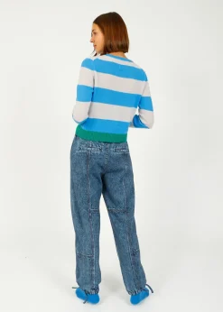 JU Contrast Stripe Crew in Sky, Fog, Emerald