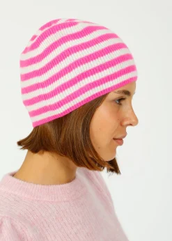 JU Narrow Stripe Rib Beanie in Hot Pink