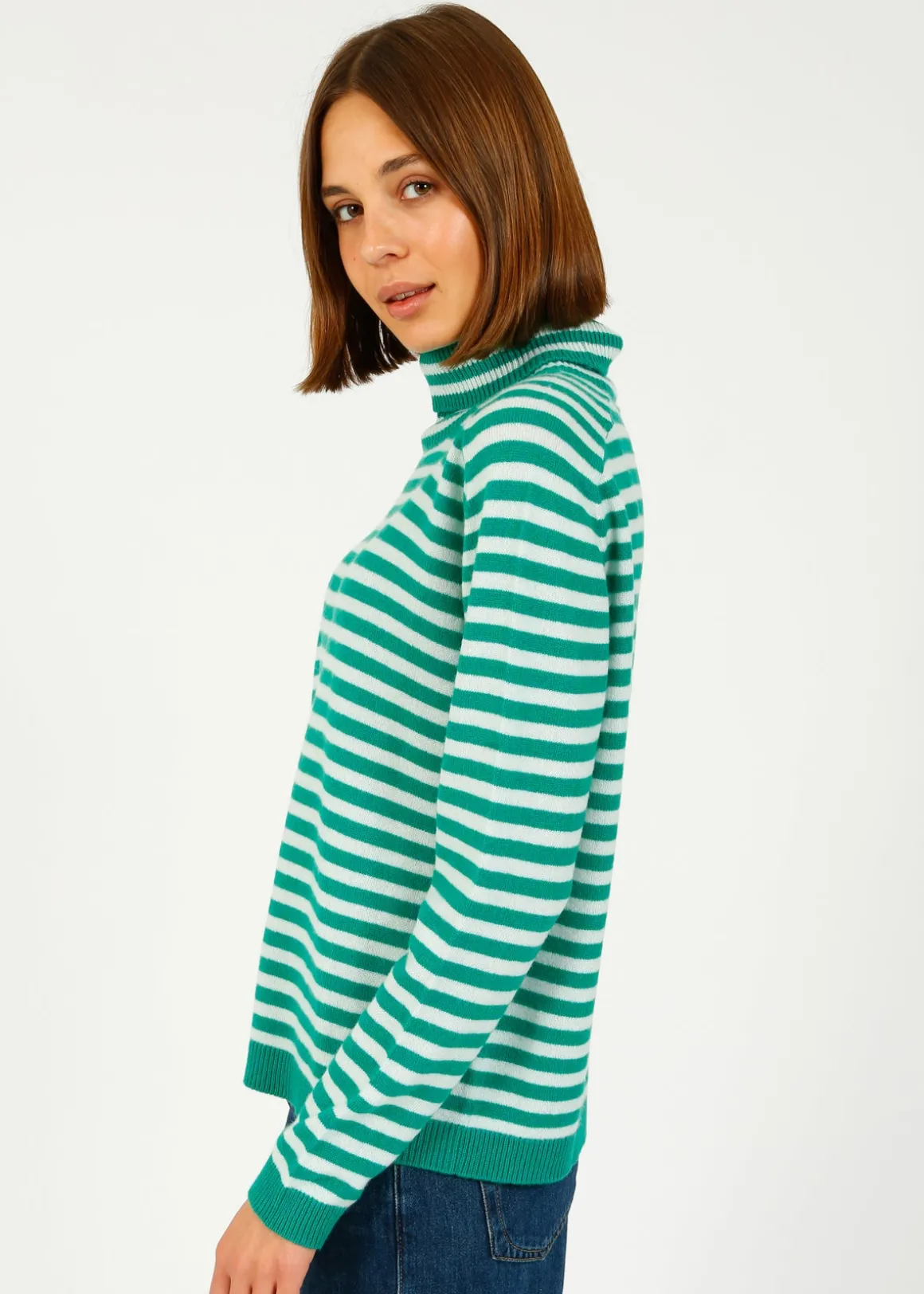 JU Narrow Stripe Roll Collar in Emerald