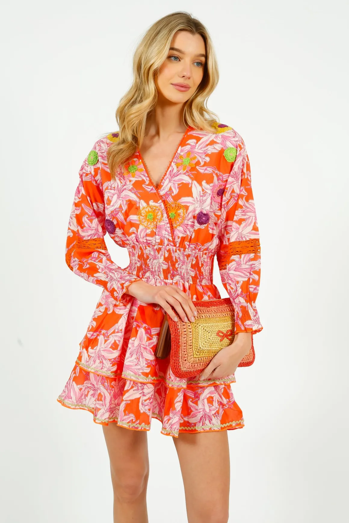 PDS 423 Lelies Short Dress in Orange, White