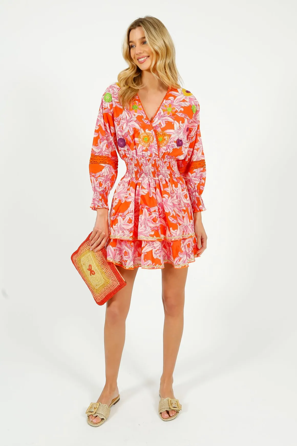 PDS 423 Lelies Short Dress in Orange, White