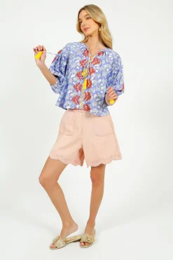 PDS 327 Lila Print Blouse with Orange Emb