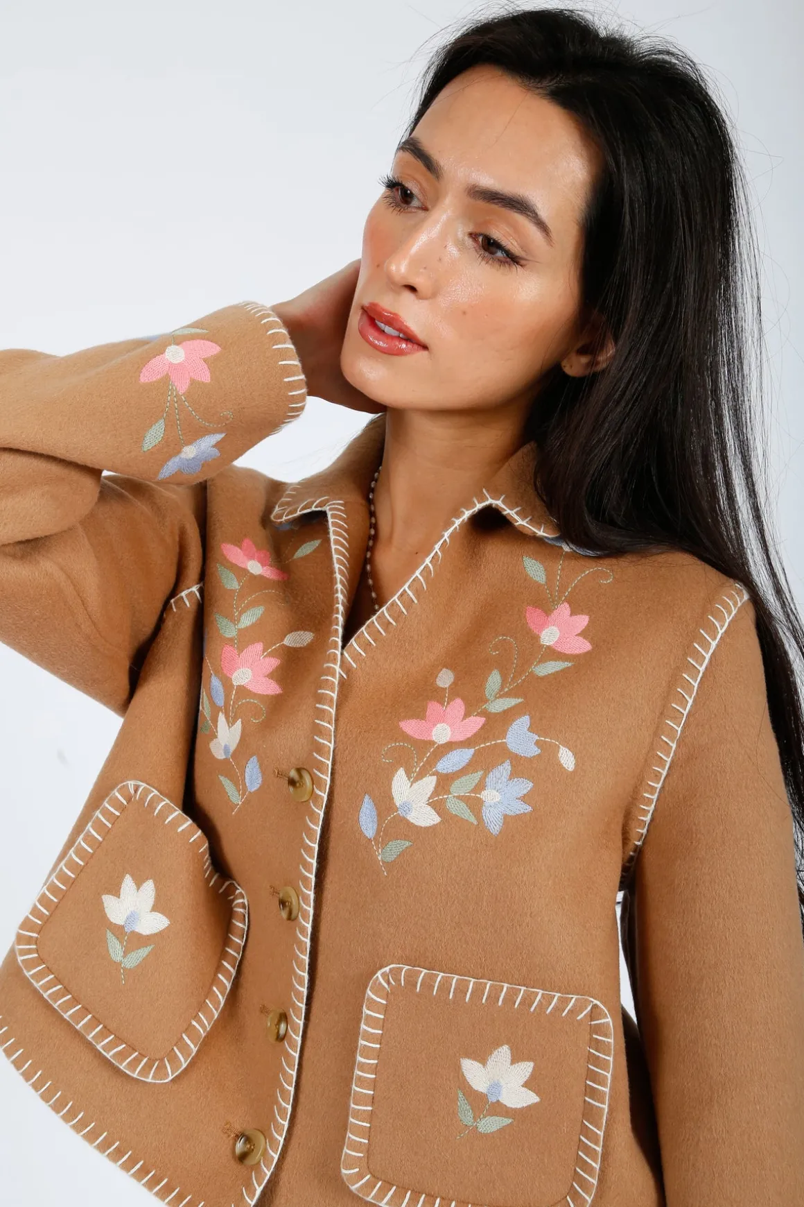 RIXO Sunday Jacket in Petal Embroidery Tan