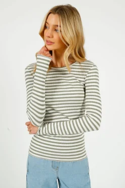 SLF Anna LS Crew in Vetiver, Snow White Stripe