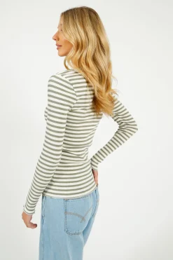 SLF Anna LS Crew in Vetiver, Snow White Stripe
