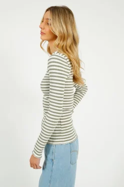 SLF Anna LS Crew in Vetiver, Snow White Stripe