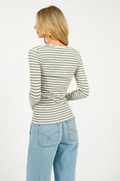 SLF Anna LS Crew in Vetiver, Snow White Stripe