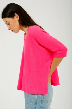 VK Katji V Neck Half Sleeve Knit in Hot Pink